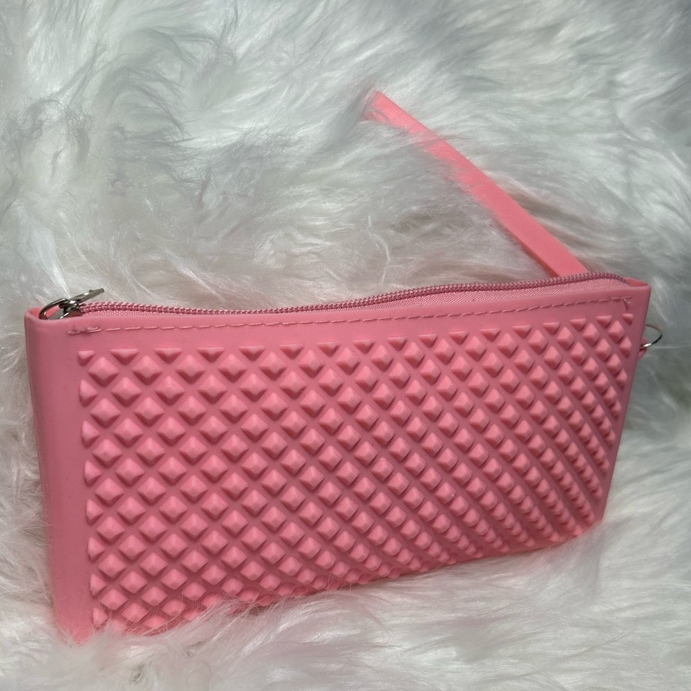 Pink Textured Silicone Clutch Zippered Cosmetic Bag. R